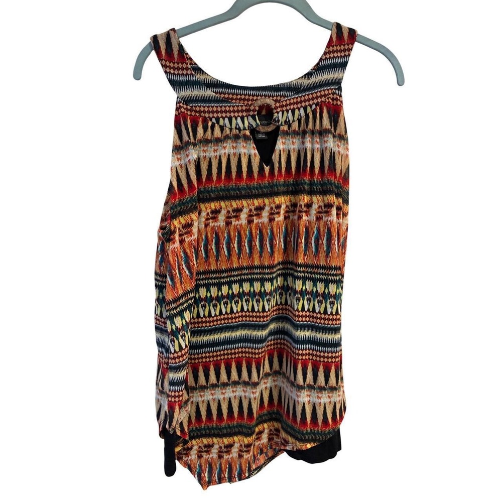 AB Studio Sleeveless Tribal Print Keyhole Tank Top XL Red Orange Geometric